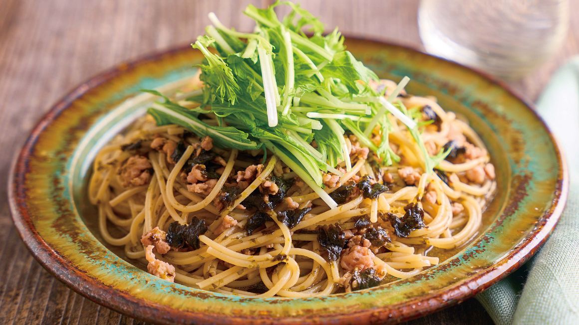 挽肉と水菜ののりパスタ